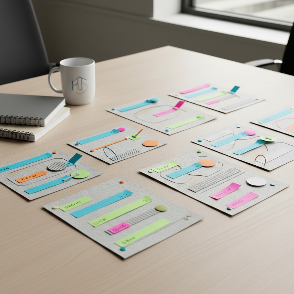 A table with a coffee mug, two notebooks, and paper with colorful sticky notes.