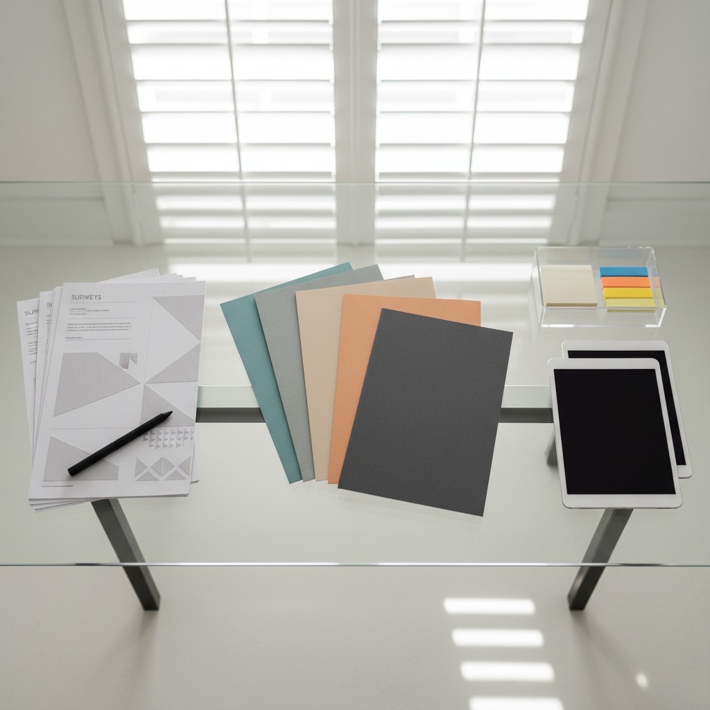 A close-up photograph of table surface containing papers, tablet, and pencil